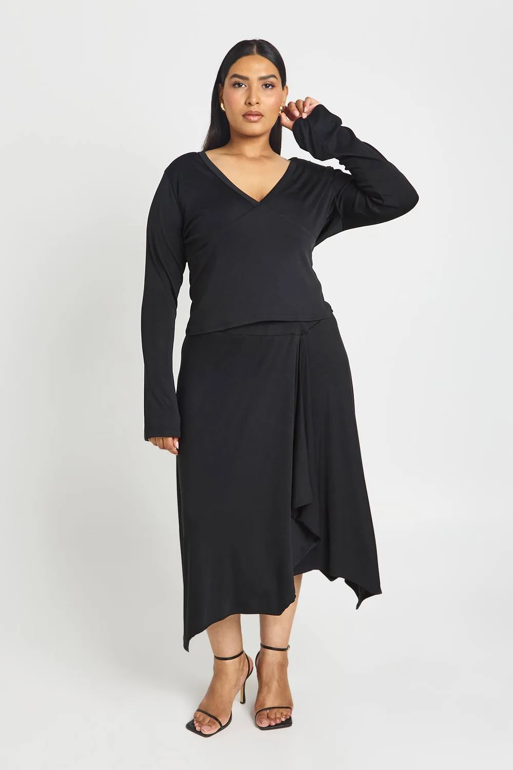 V Neck Plunge Long Sleeve Top & Hanky Hem Midi Skirt Co-Ord by boohoo