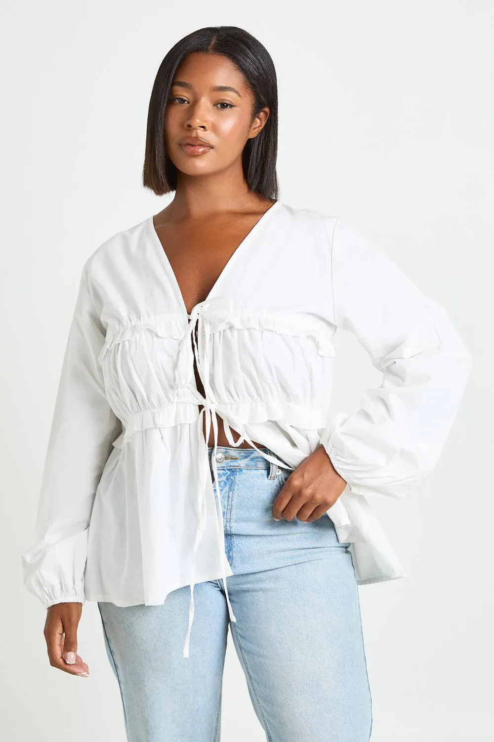 Ruched Tie Front Detail Smock Top by boohoo