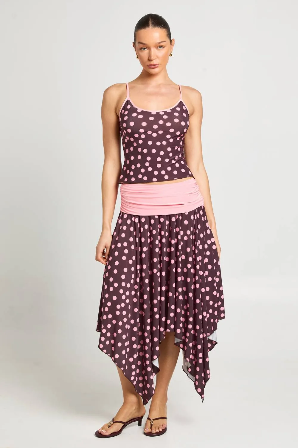 Polka Dot Contrast Fold Over Waistband Midi Skirt