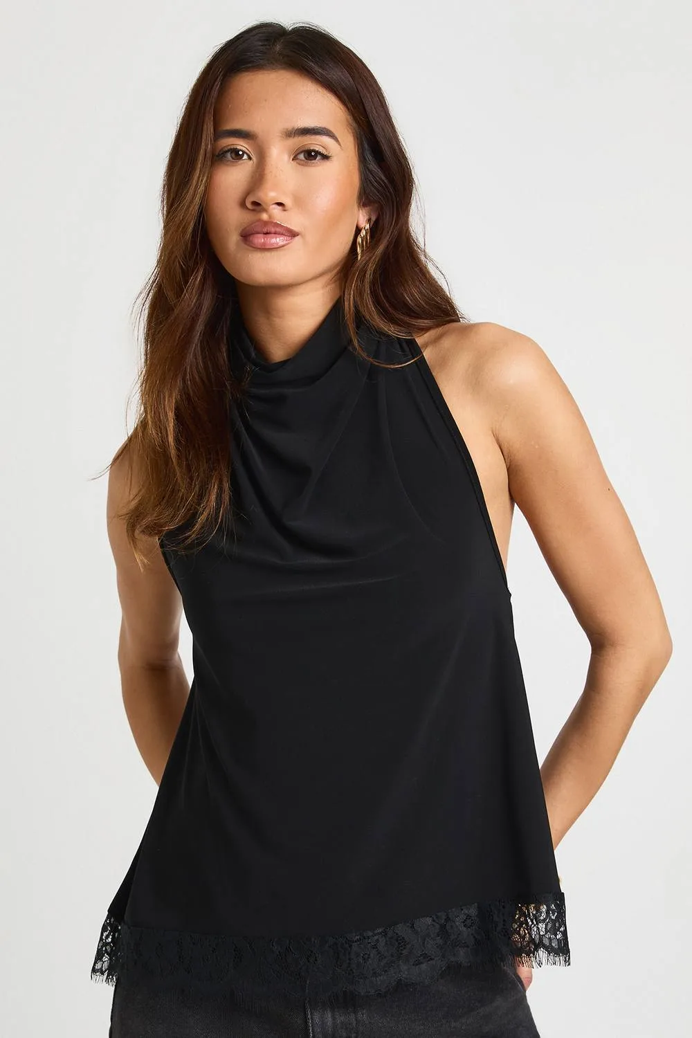 Slinky Cowl Neck Lace Hem Top by boohoo