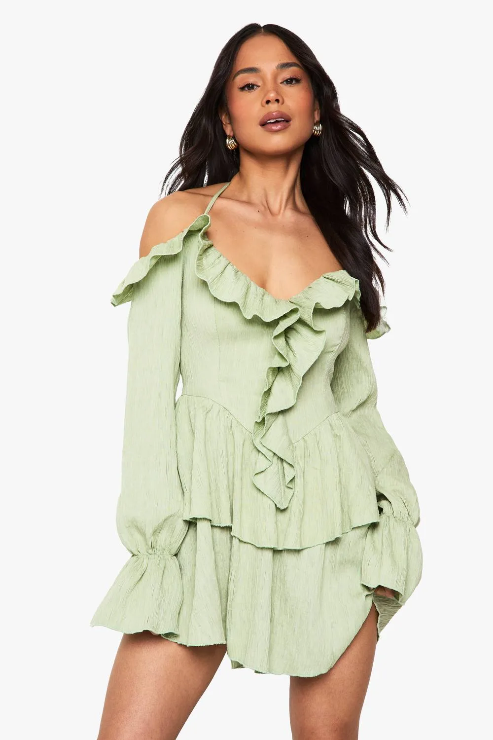 Crinkle Ruffle Layered Mini Dress by boohoo