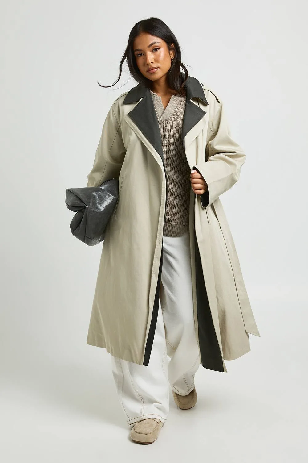 Double Layer Detail Longline Trench Coat - Stone by boohoo