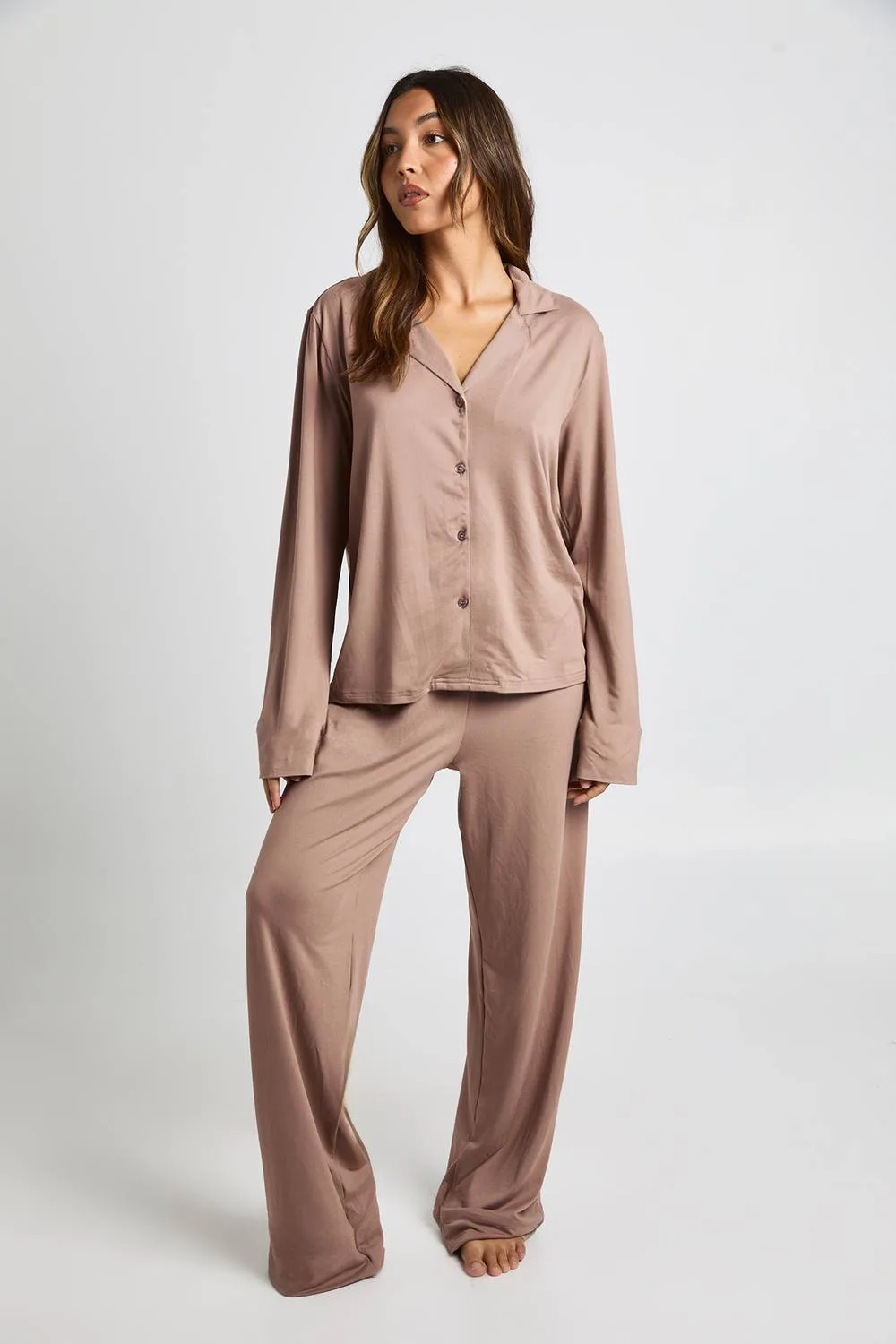 Oversized Satin Long Sleeve Shirt & Trousers Pyjama Set