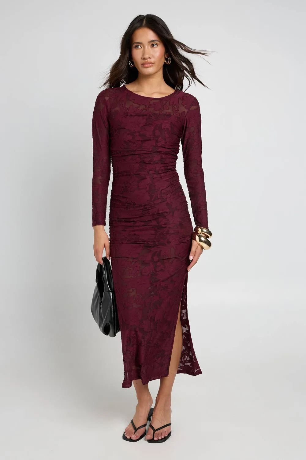 Burnout Floral Long Sleeve Ruched Body Midaxi Dress by boohoo