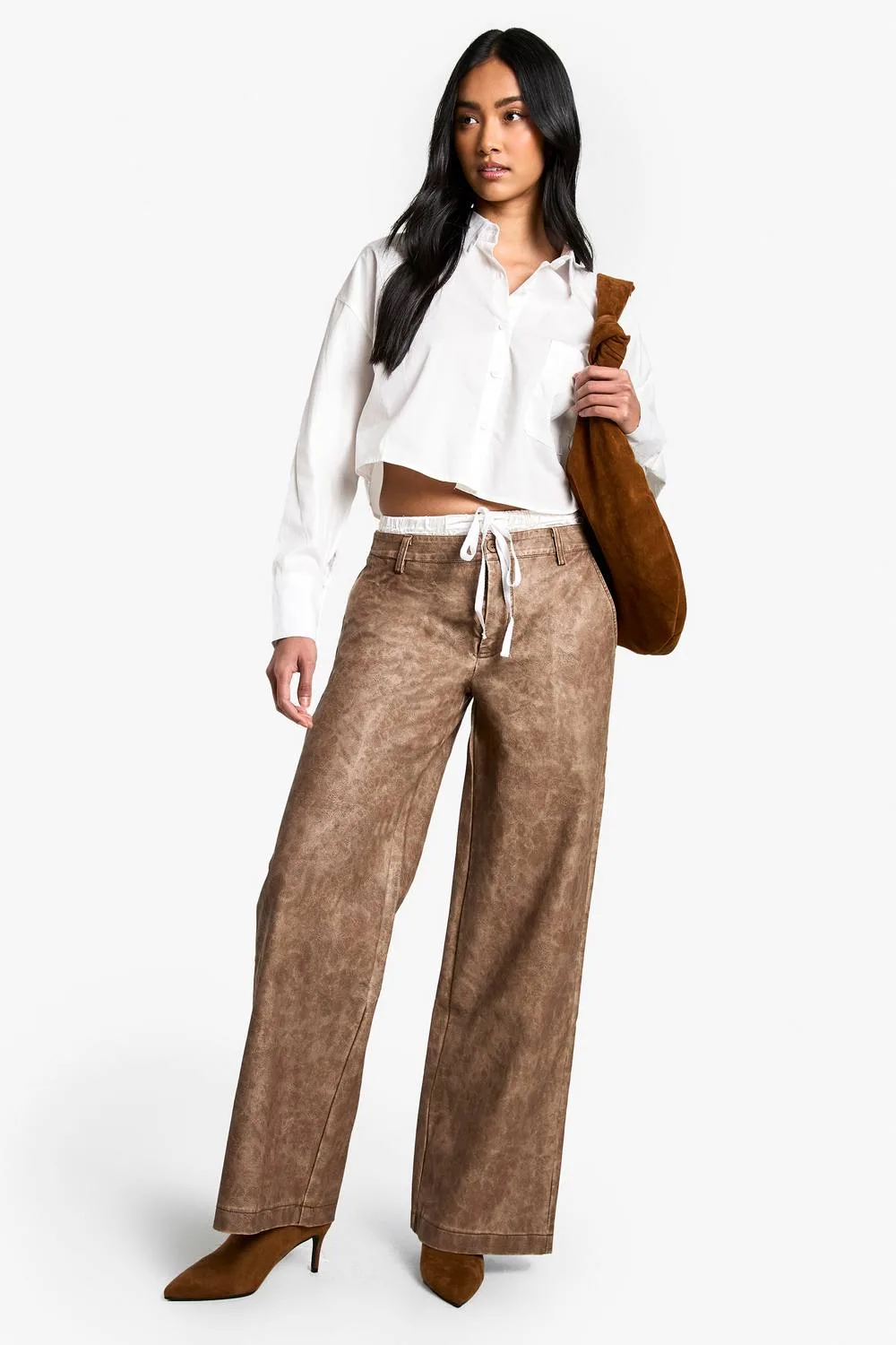 Boxer Waistband Washed Pu Straight Leg Trouser by boohoo