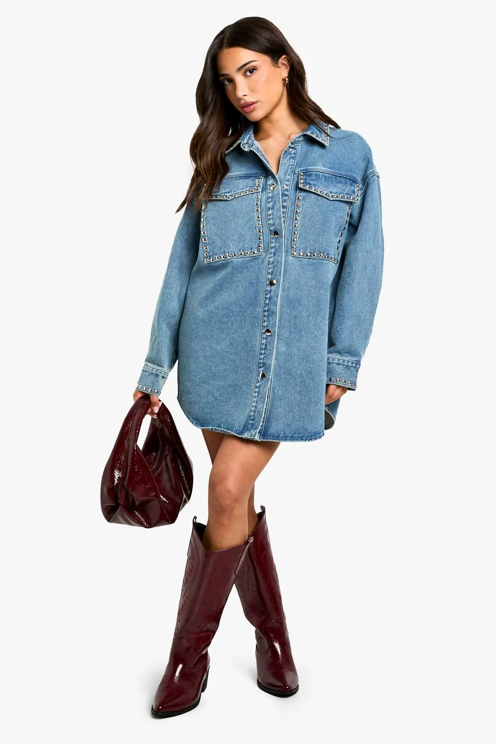 Stud Detail Denim Oversized Shirt Dress by boohoo