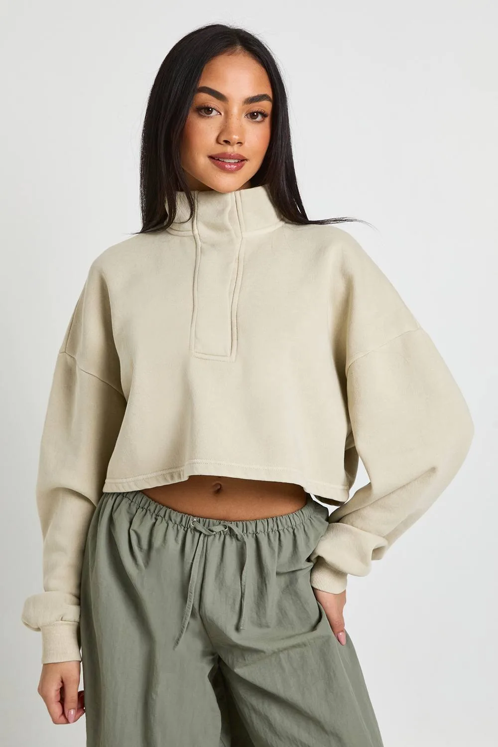 Washed Placket Detail Funnel Neck Cropped Sweatshirt - Stone by boohoo
