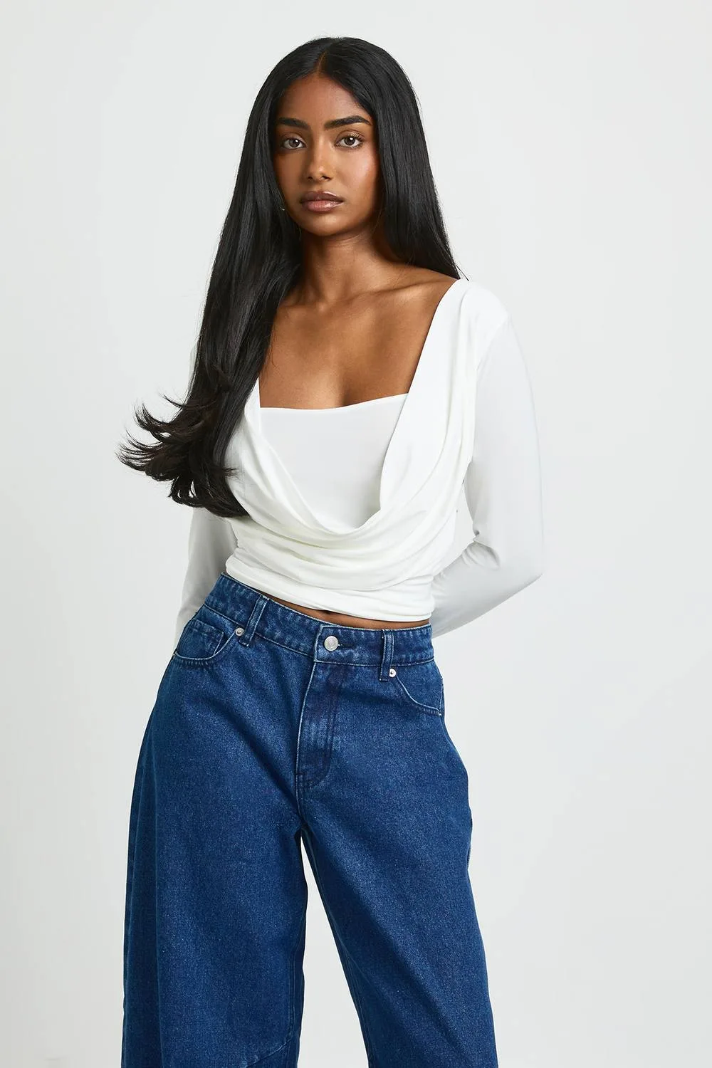 Deep Cowl Double Layer Long Sleeve Top