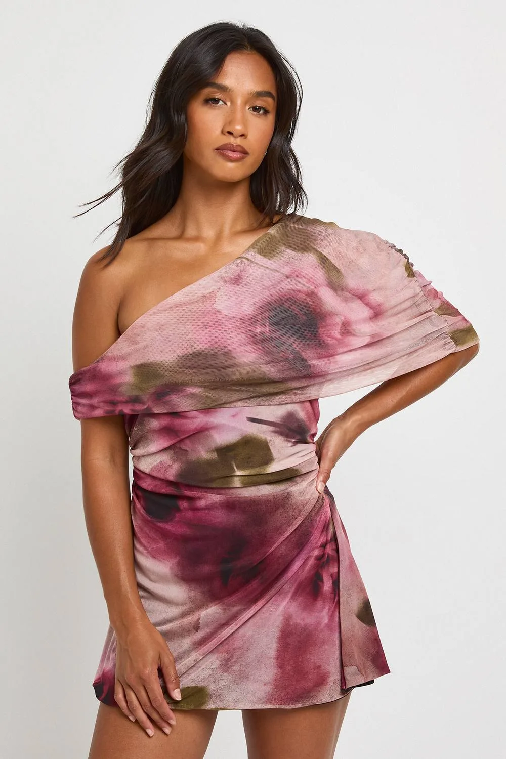 Asymmetric Blurred Floral Ruched Mini Mesh Dress by boohoo