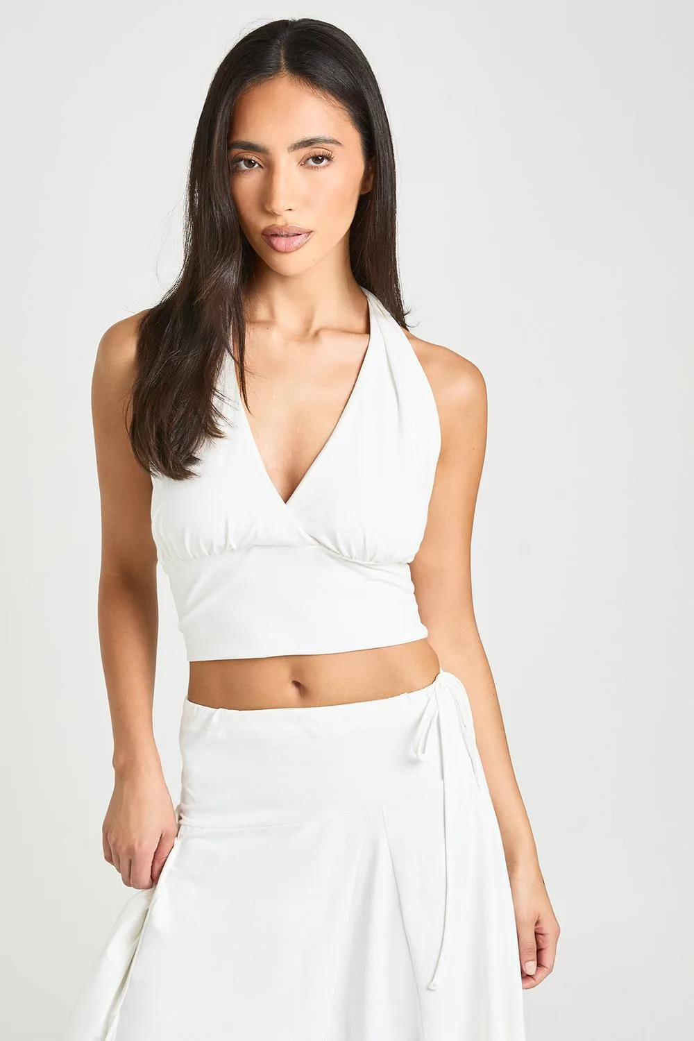 Wrap Front Cinched Waist Halter Top by boohoo