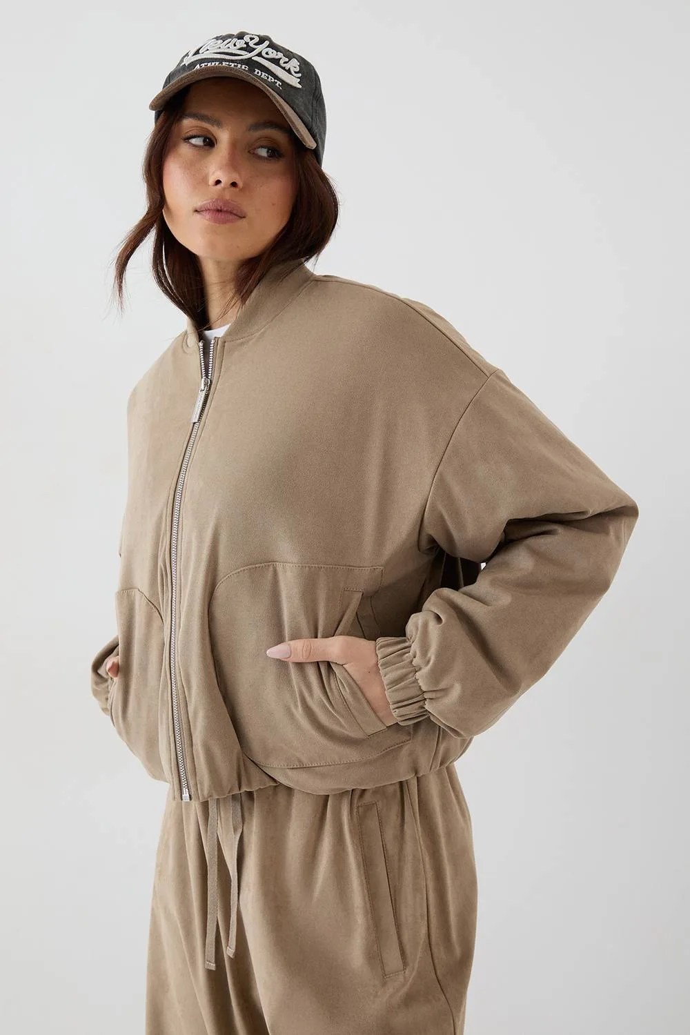 Faux Suede Padded Zip Through Bomber Jacket - Stone by DSGN Studio