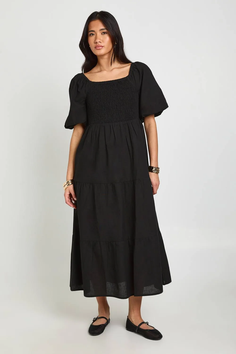 Linen Look Volume Sleeve Tiered Midaxi Dress by boohoo