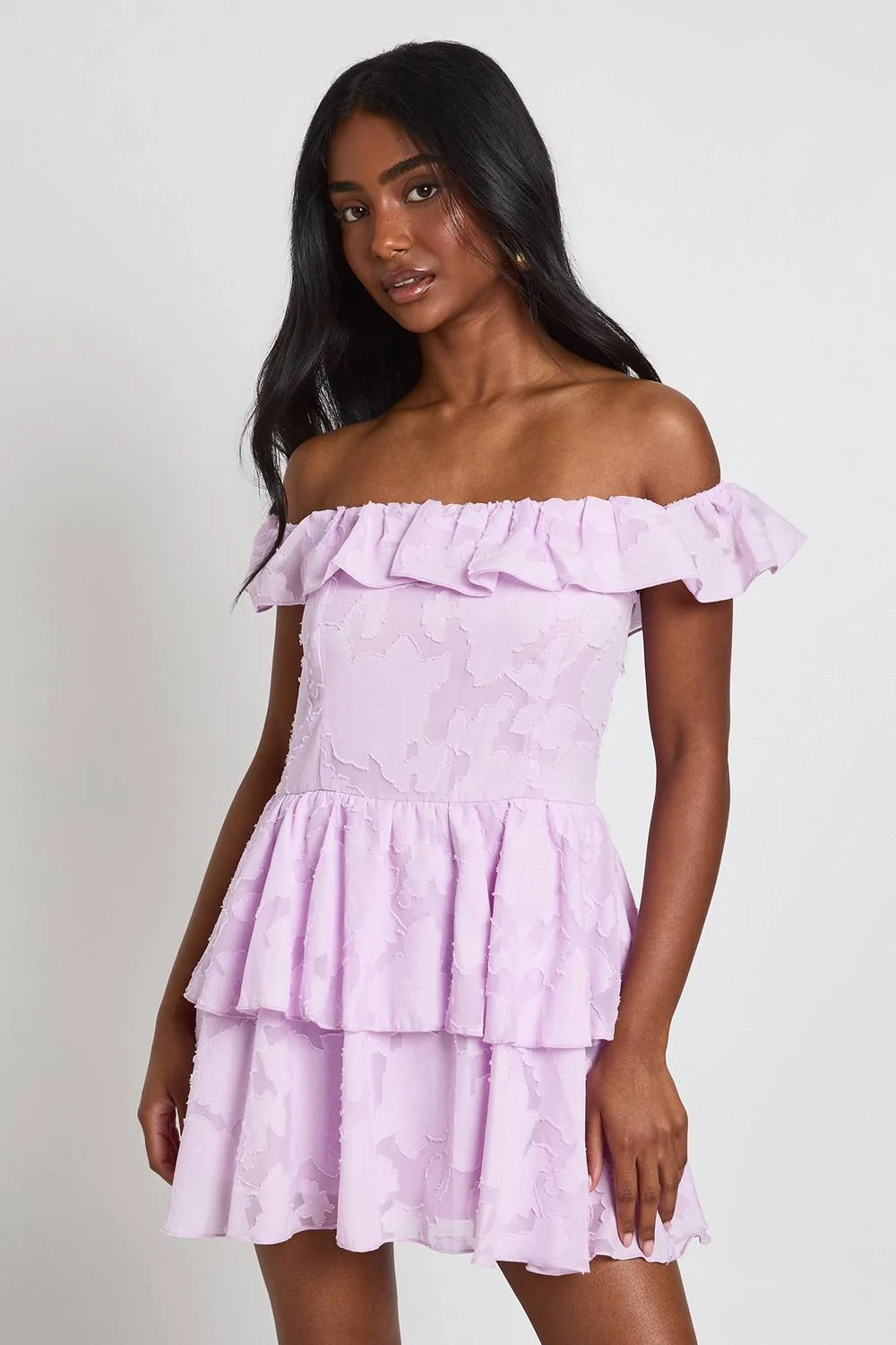 Textured Floral Bardot Mini Dress