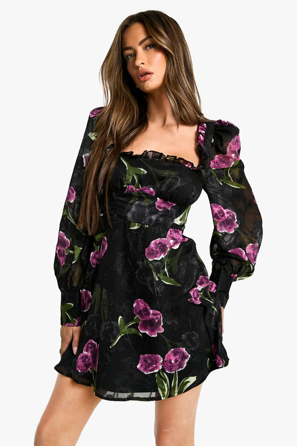 Floral Burnout Milkmaid Dress by boohoo