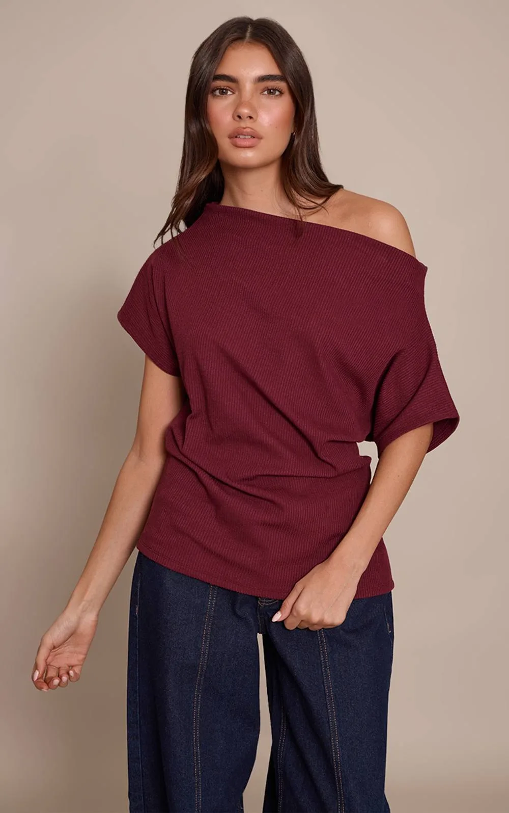 Thick Rib Asymmetric Slouchy Long Top