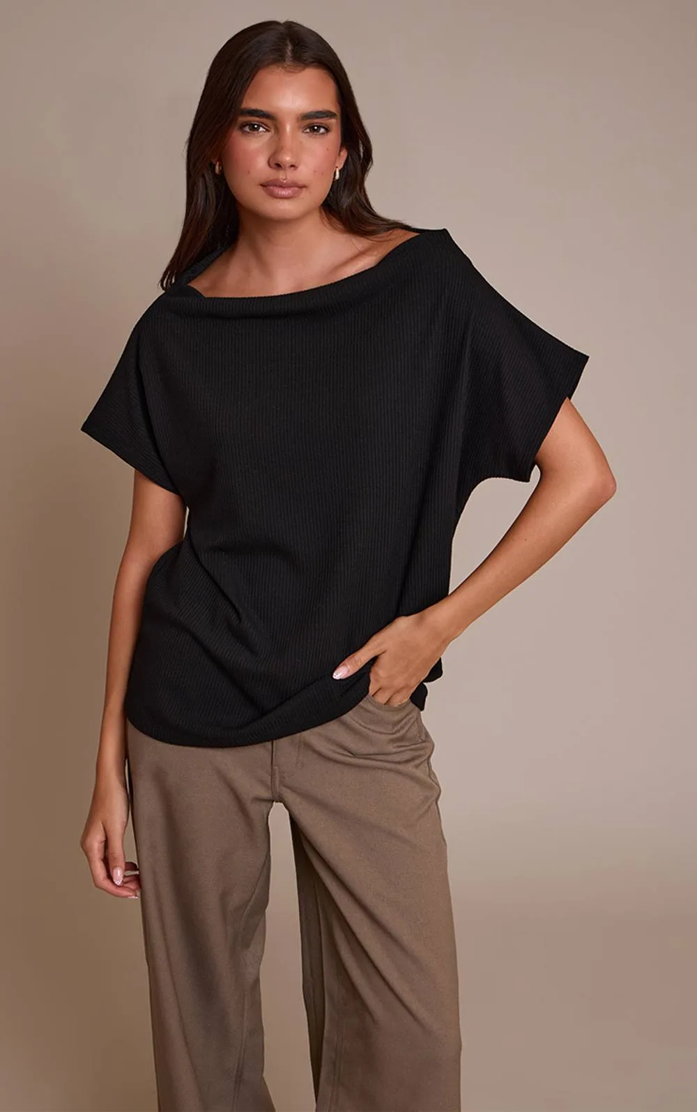 Thick Rib Asymmetric Slouchy Long Top