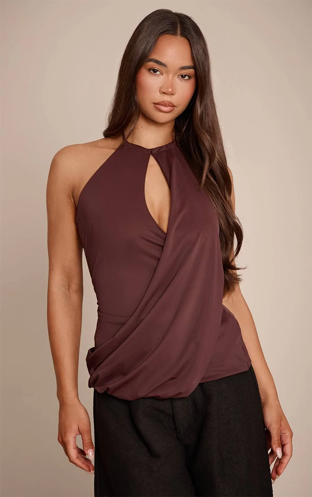 Matte Sculpt Halter Neck Drapey Long Top by PrettyLittleThing