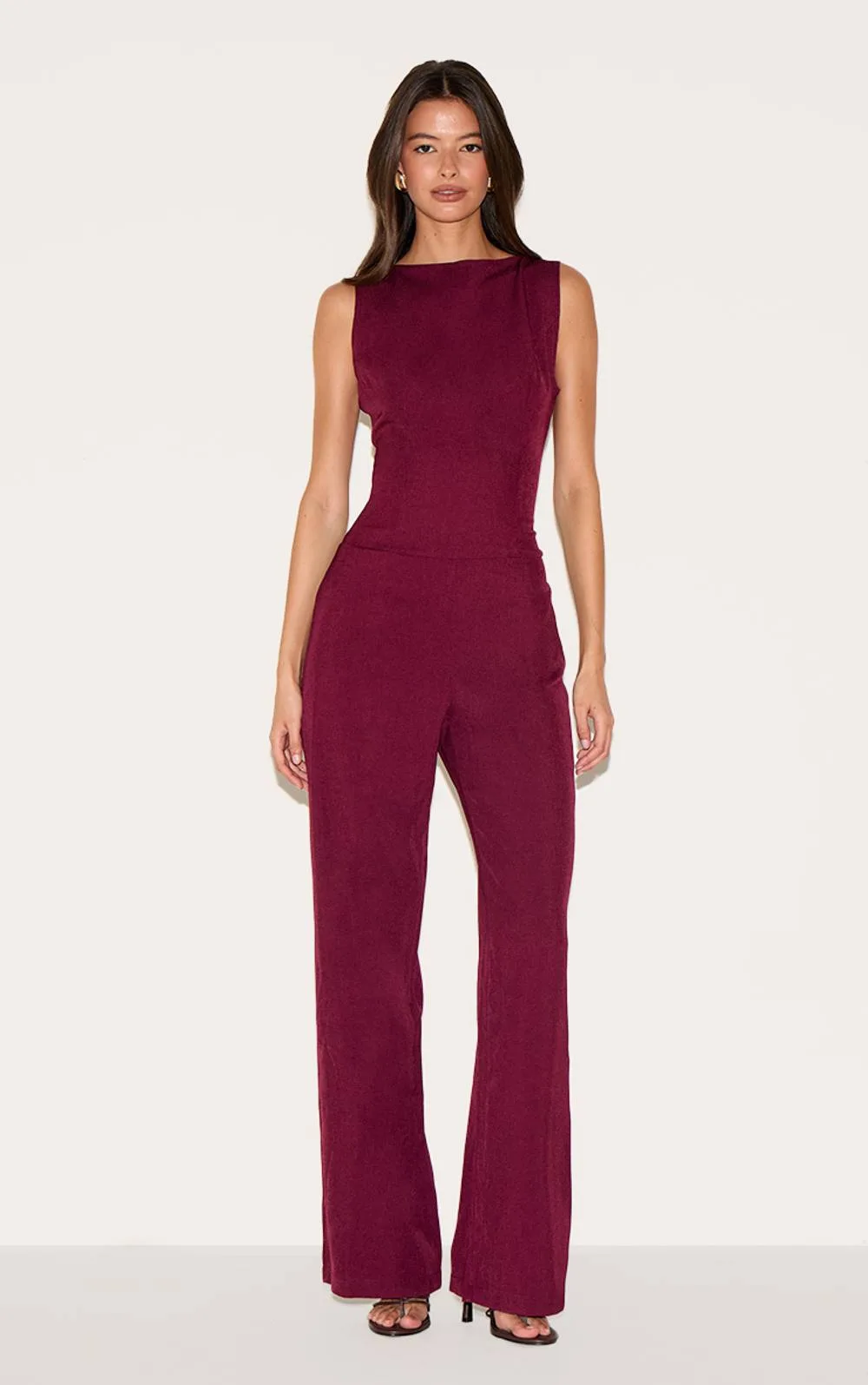 Structured Woven Open Back Detail Straight Leg Jumpsuit