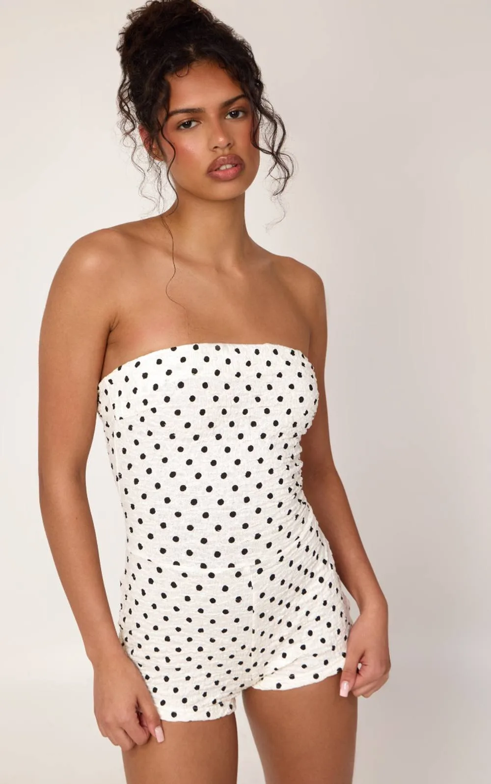 Polka Dot Textured Bandeau Unitard by PrettyLittleThing