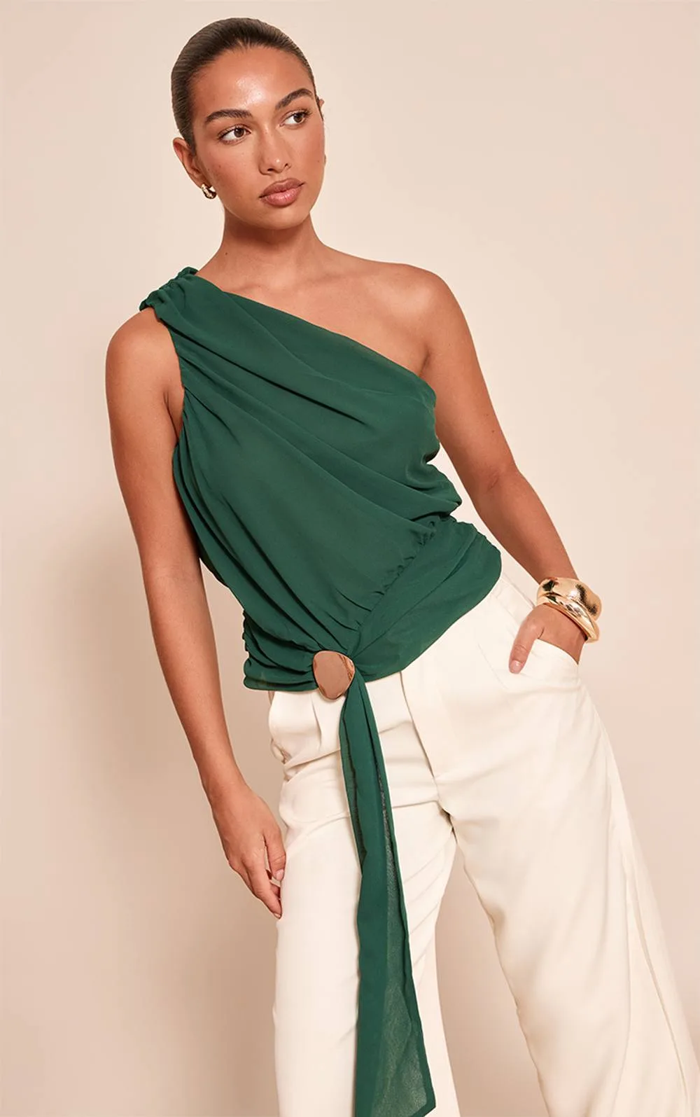 Chiffon One Shoulder Ruched Trim Drape Top by PrettyLittleThing