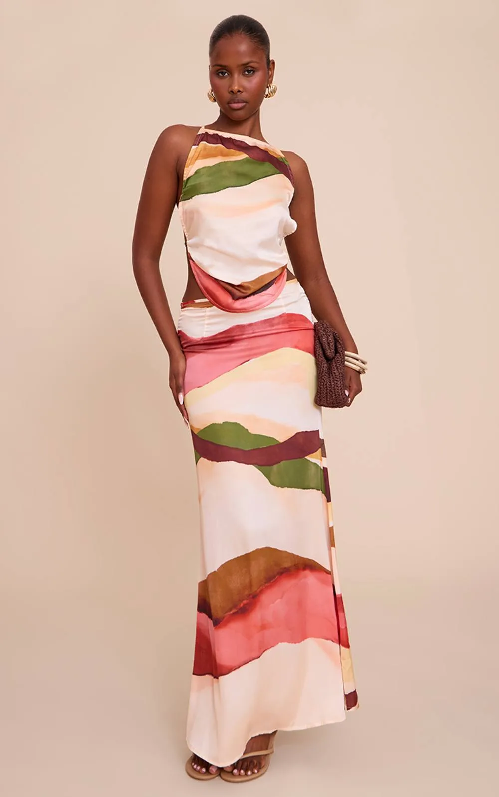 Abstract Print Satin Floaty Maxi Skirt Co-Ord by PrettyLittleThing