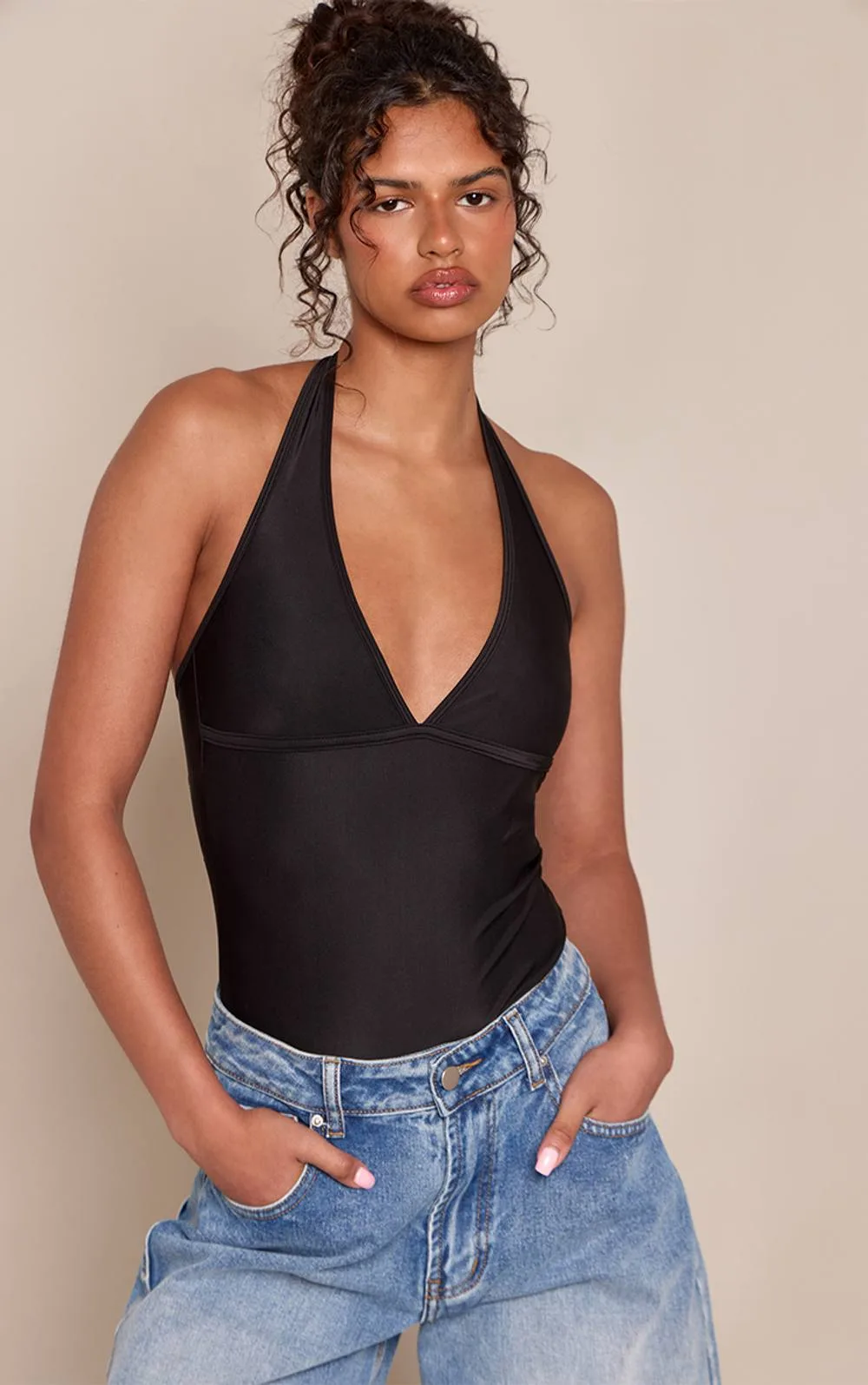 Basic Coal Polyamide Halterneck Plunge Bodysuit by PrettyLittleThing