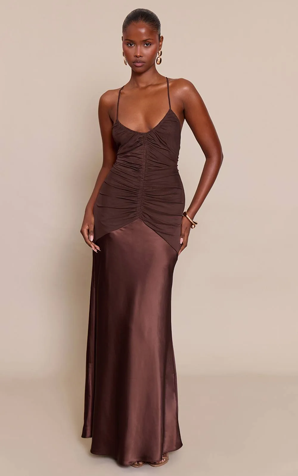 Ruched Satin Maxi Slip Dress by PrettyLittleThing