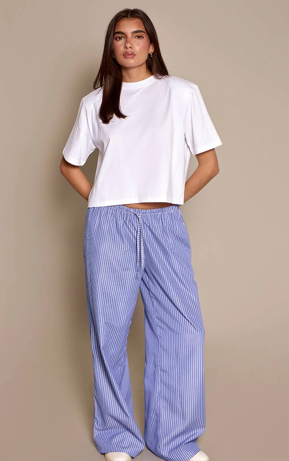 Striped Print Drawstring Wide Leg Trousers