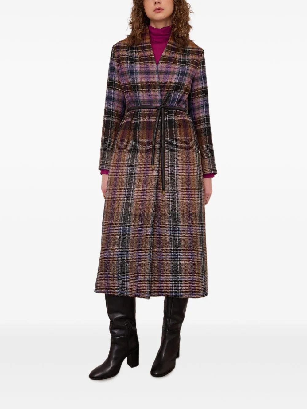 Check-Pattern Belted Coat by Ottod'Ame