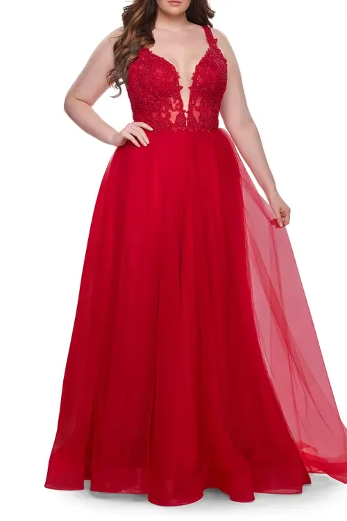 Deep V Tulle Dress with Lace Illusion Bodice by La Femme