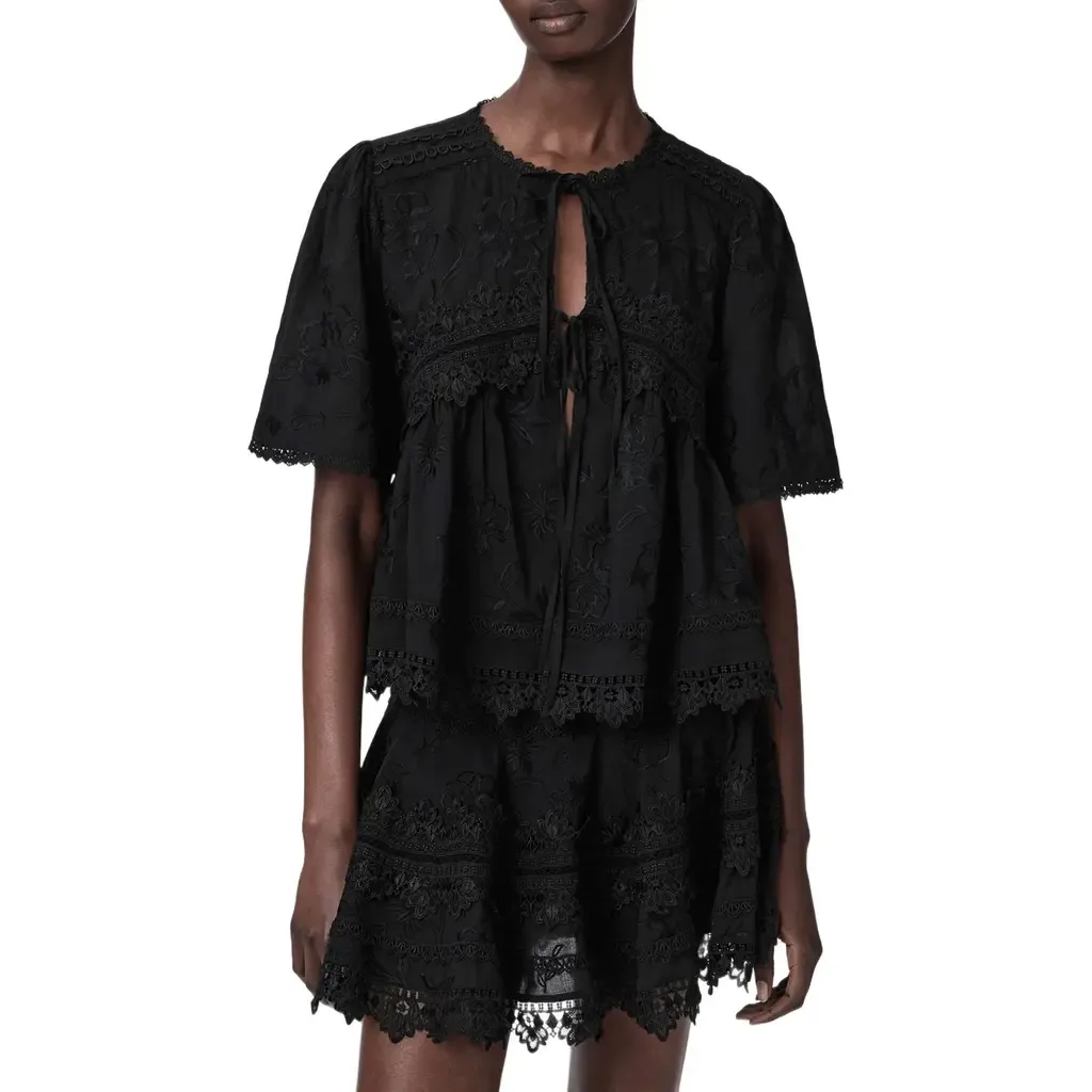 Lillith Floral Embroidered Lace Trim Tie Front Top by AllSaints