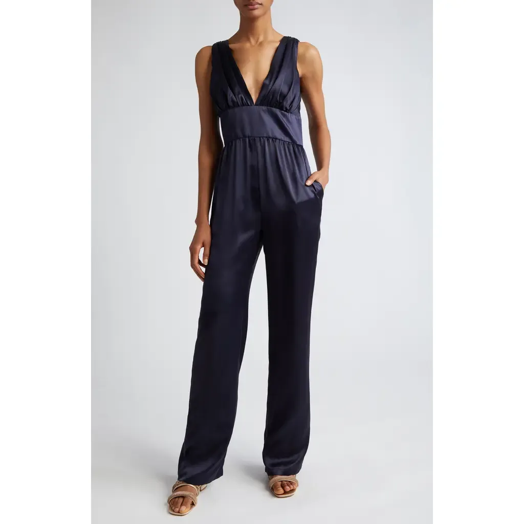 Plunge Neck Silk Charmeuse Jumpsuit