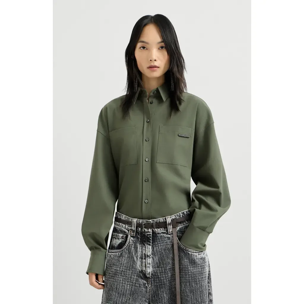 Tropical Luxury Wool Shirt with Shiny Tab by Brunello Cucinelli