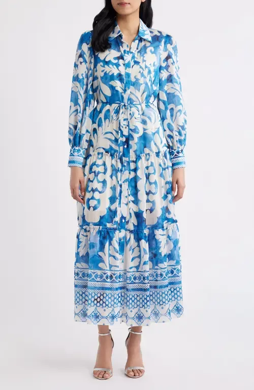Mixed Print Long Sleeve Tiered Shirtdress