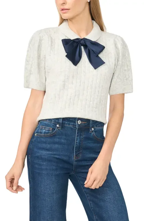 Tie Neck Cable Stitch Sweater by CeCe
