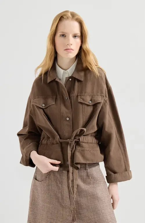 Garment-Dyed Outerwear Jacket in Cotton and Linen Cover with Monili by Brunello Cucinelli