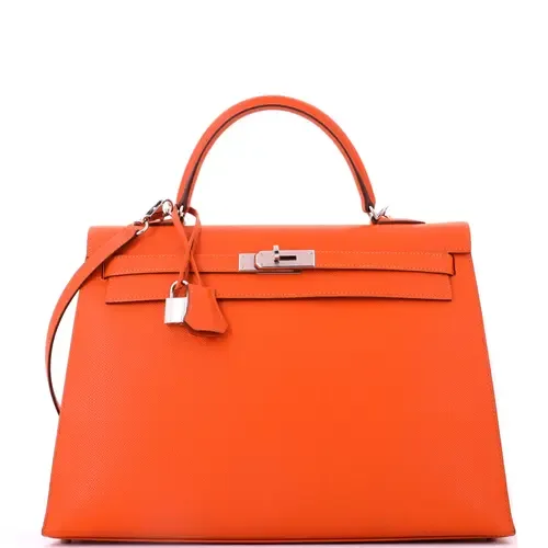 Kelly Handbag Orange Epsom with Palladium Hardware 35 by Pre-Owned Hermes