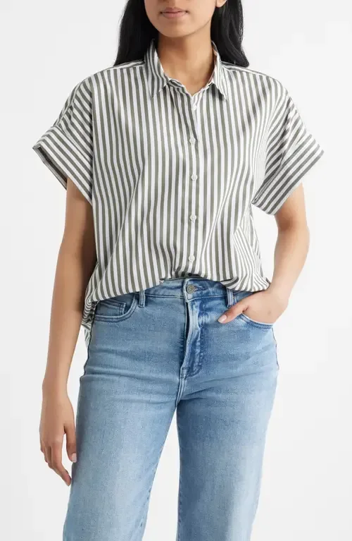Oversize Stripe Short Sleeve Button-Up Shirt by SPANX®