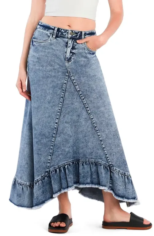 Pieced Ruffle Denim Maxi Skirt by Wash Lab Denim