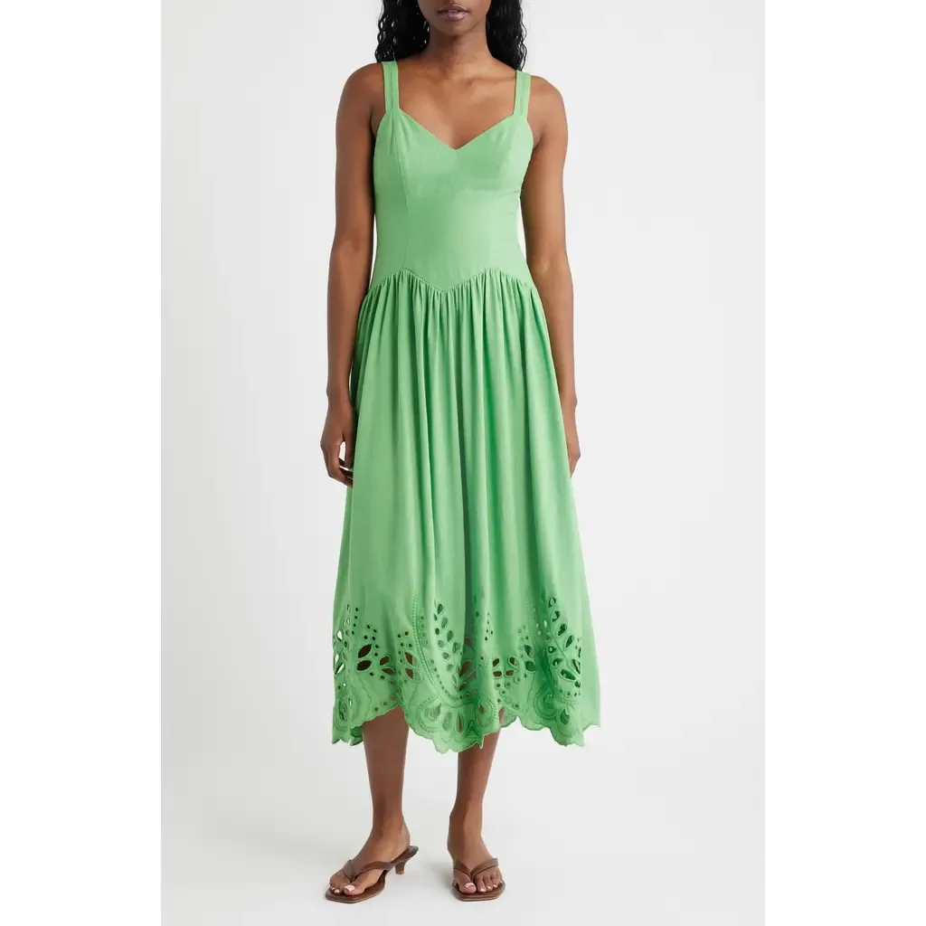 Eyelet Drop Waist Cotton & Linen Sundress by MOON RIVER