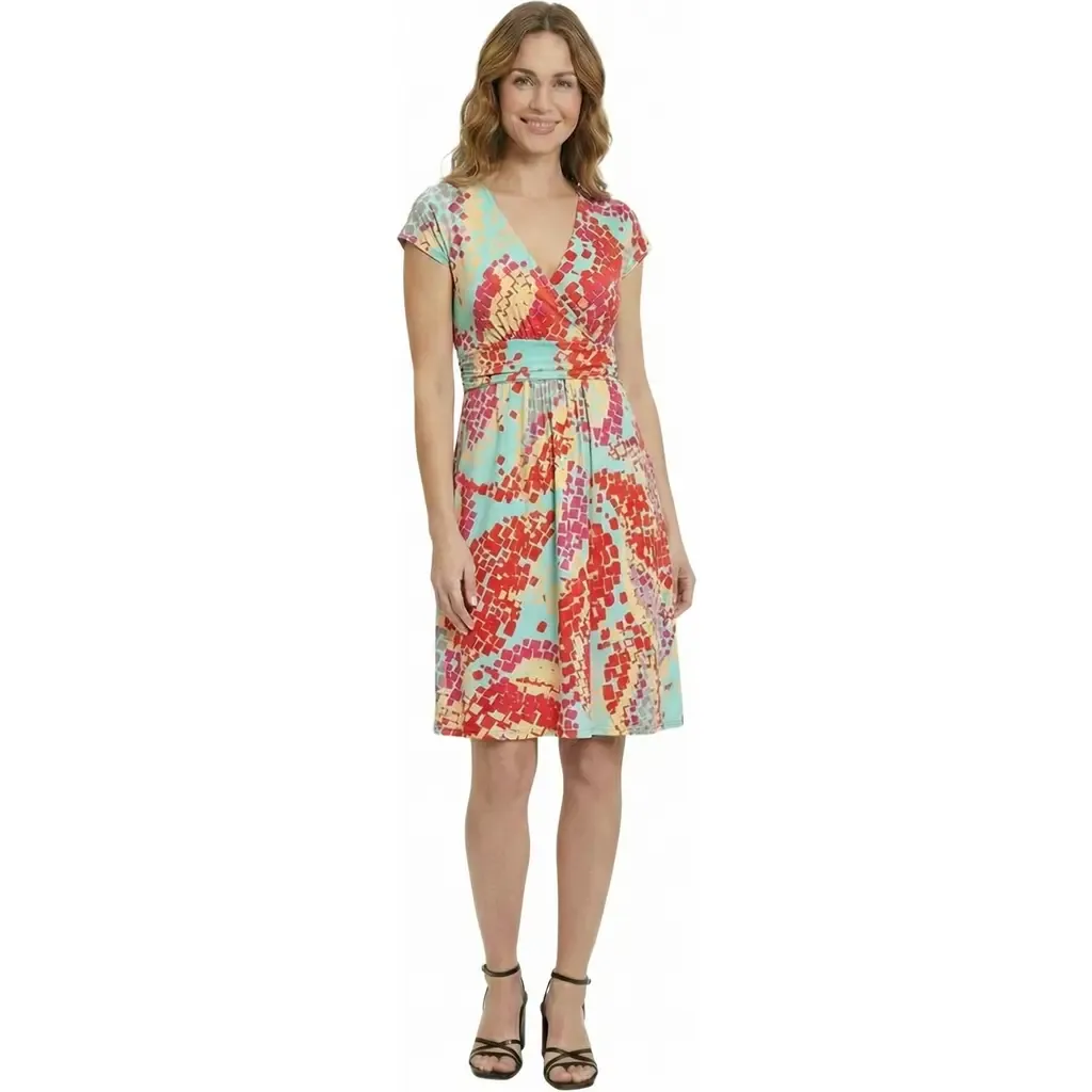 Mosaic V-Neck Cap Sleeve Knee Length A-Line Pocket Dress by 24seven Comfort Apparel