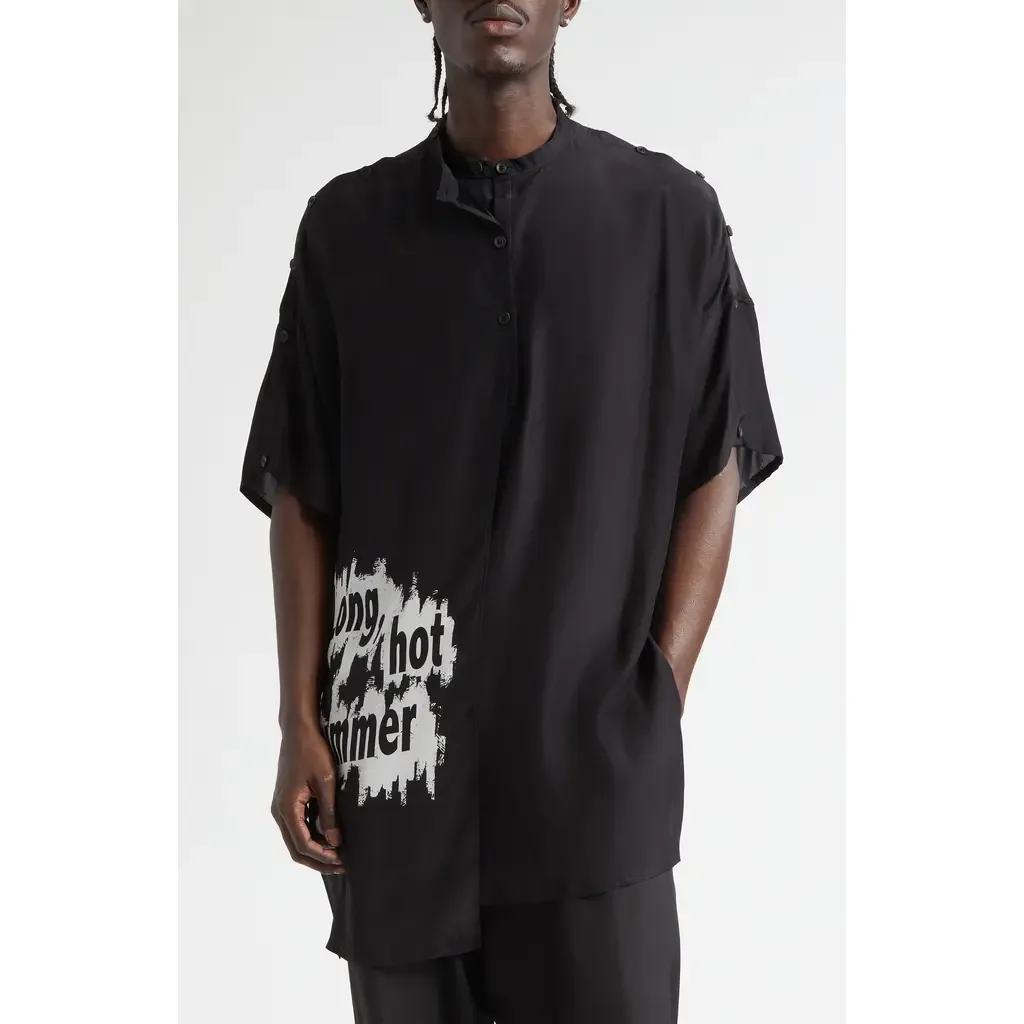 Double Covered Short Sleeve Silk Graphic Button-Up Shirt by Yohji Yamamoto