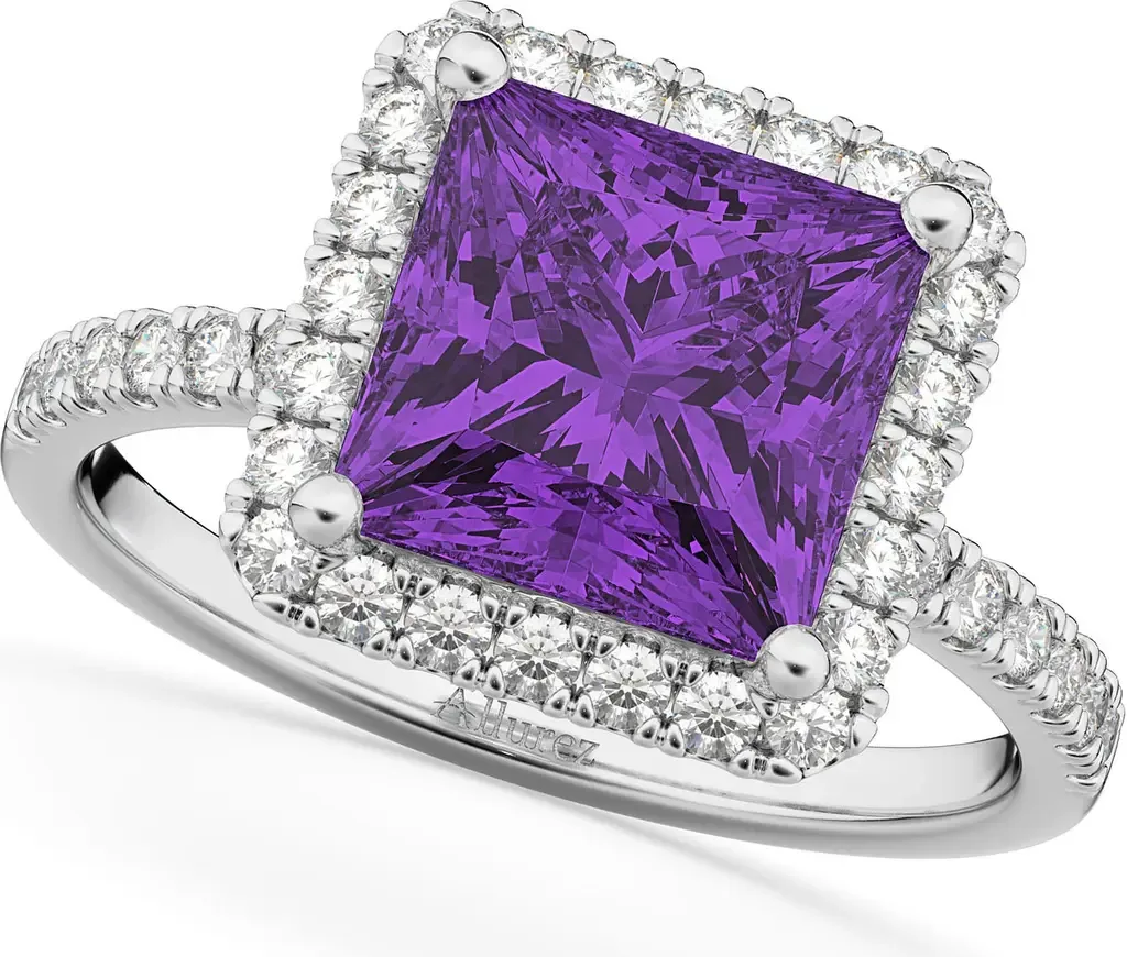 Princess Halo Amethyst & Diamond Engagement Ring 14K by ALLUREZ