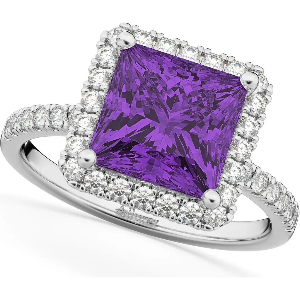 Princess Halo Amethyst & Diamond Engagement Ring 14K by ALLUREZ