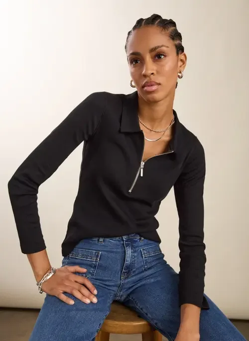 Cotton Zip Collar Ribbed Top by Baukjen