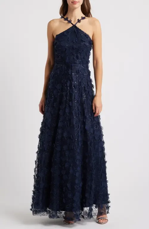 Floating Flow Floral Sequin Halter Ballgown by Eliza J