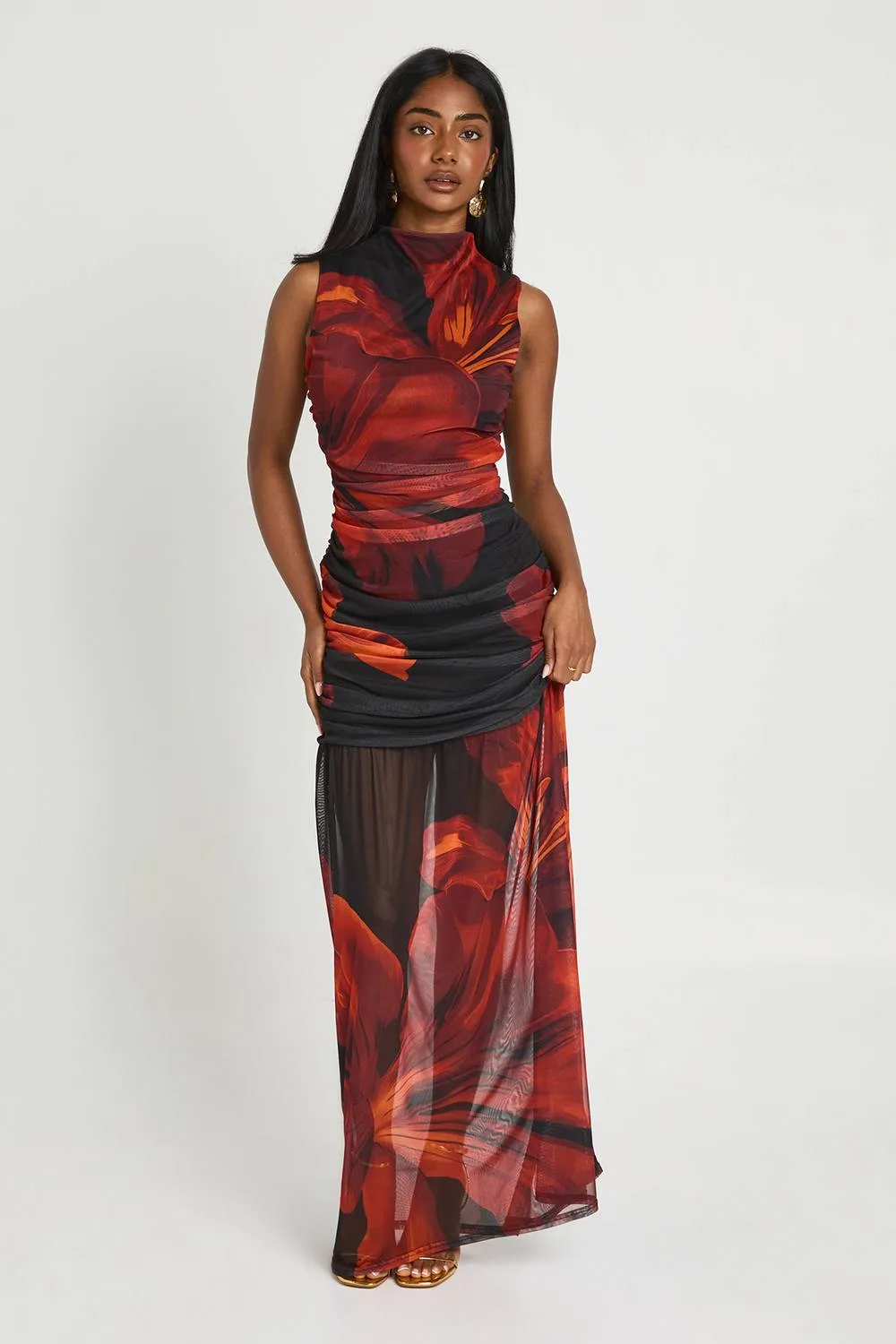 Large Scale Floral Ruched Bodice Maxi Dress