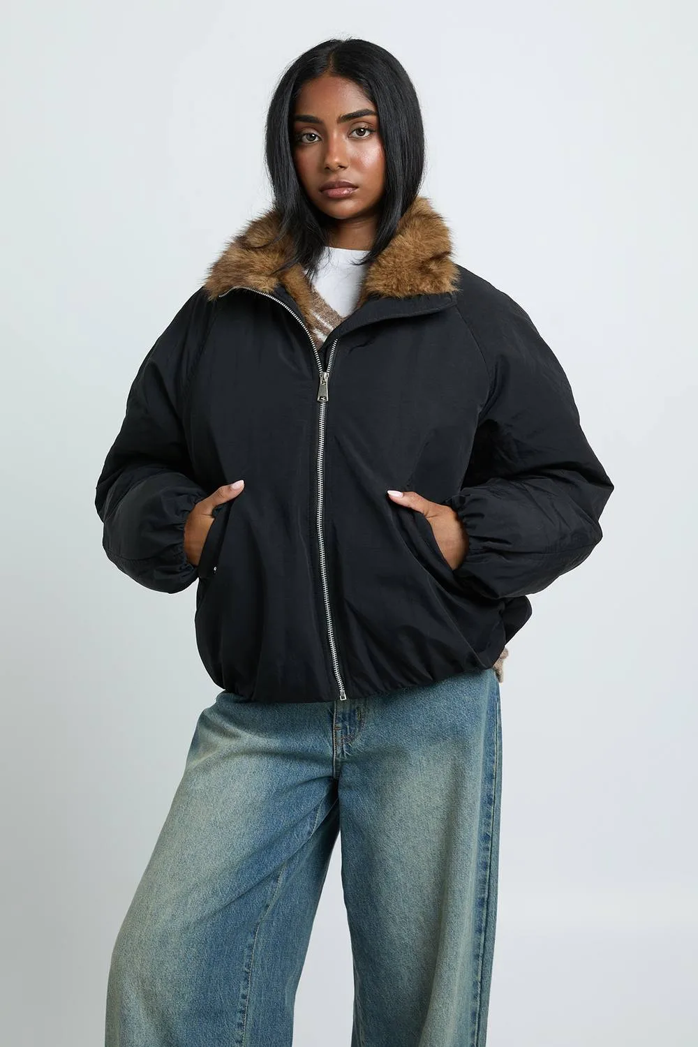 Borg Detail Bomber Jacket by boohoo