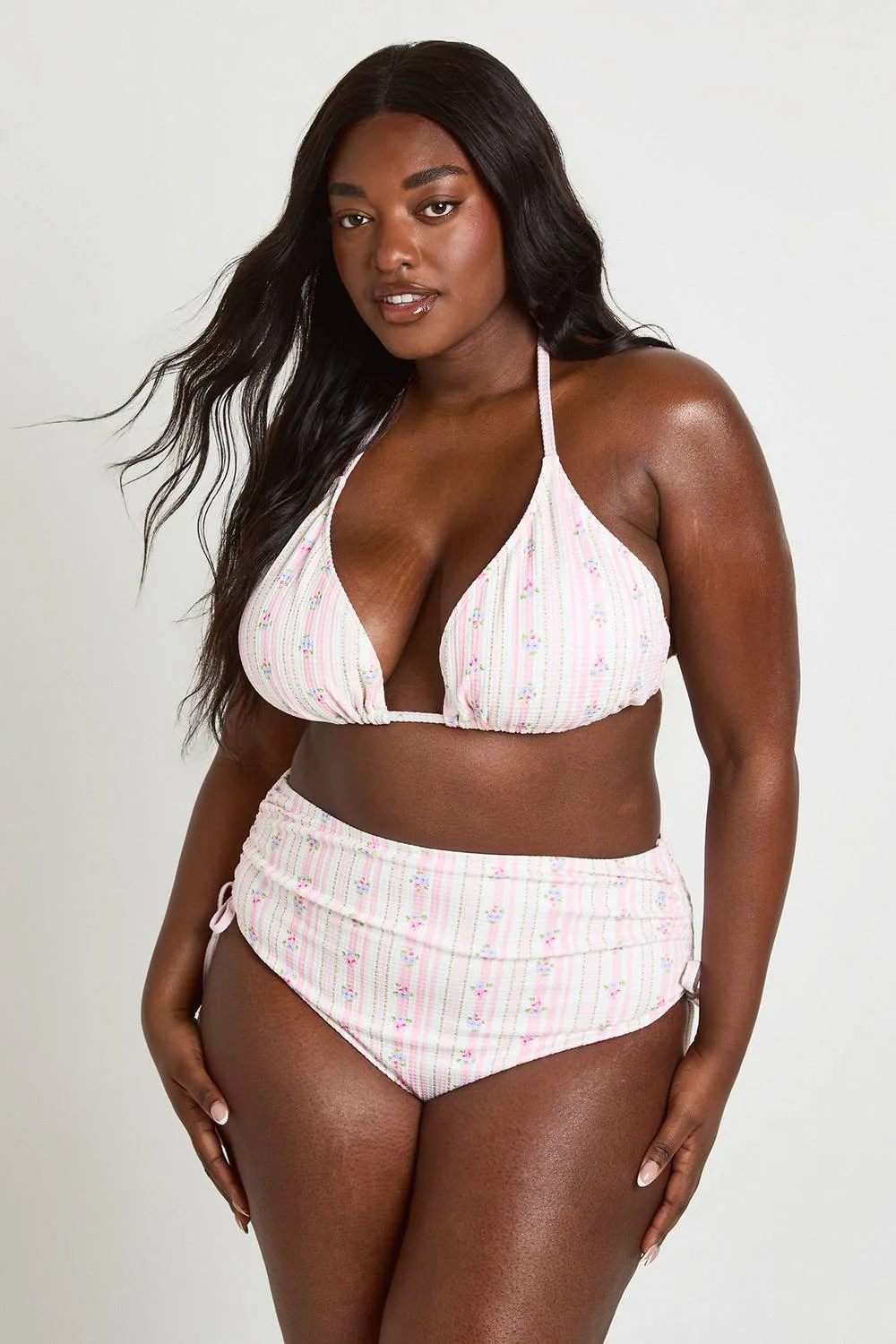 Waffle Print Lace Trim Triangle Bikini Top & Ruched Side Bikini Bottom Set