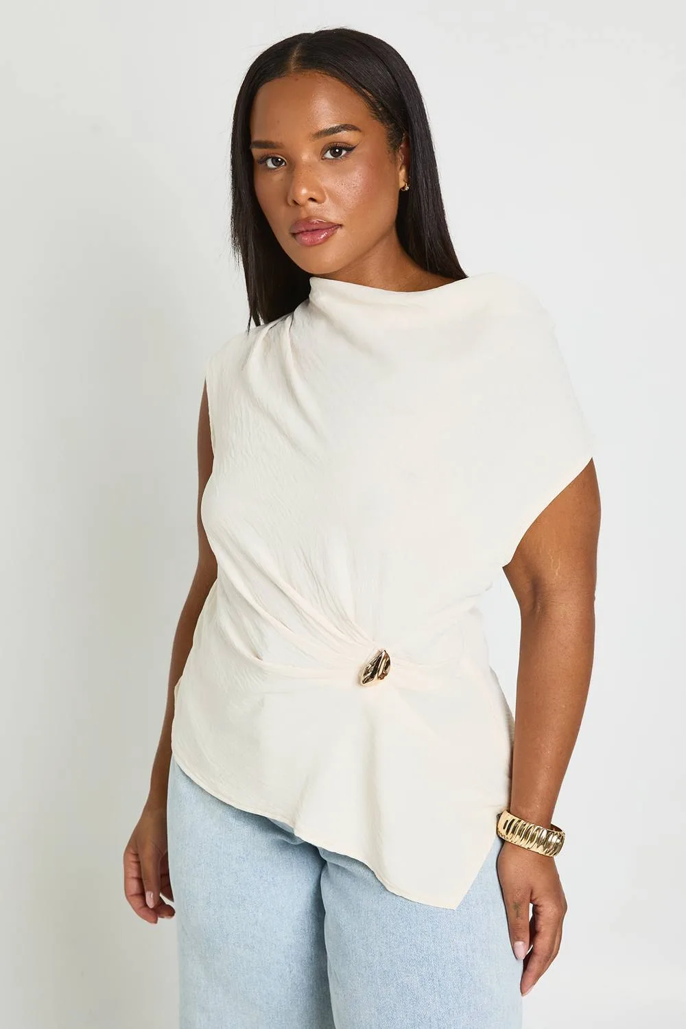 Hammered Asymmetric Gold Trim Top - Stone by boohoo